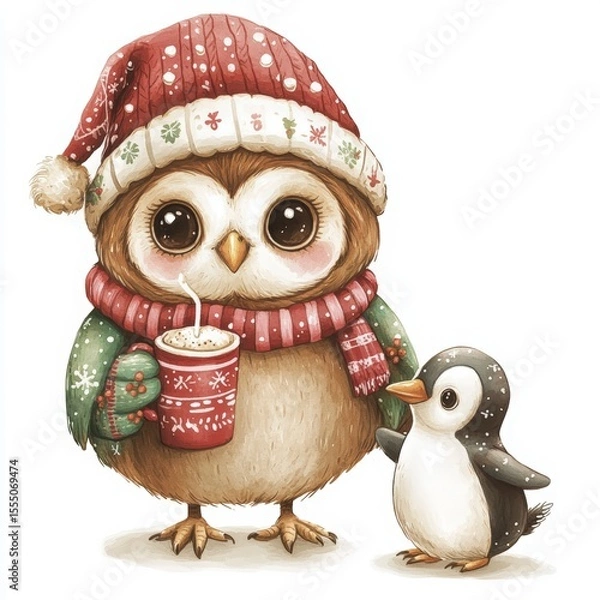 Obraz Watercolor Painting of a Festive Owl and Penguin Enjoying Winter Together