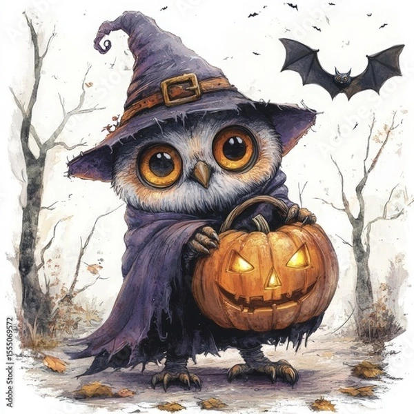 Obraz Whimsical Watercolor Illustration of an Owl Witch with a JackO'Lantern