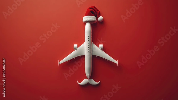 Obraz White airplane adorns a Santa hat and mustache against a festive red backdrop