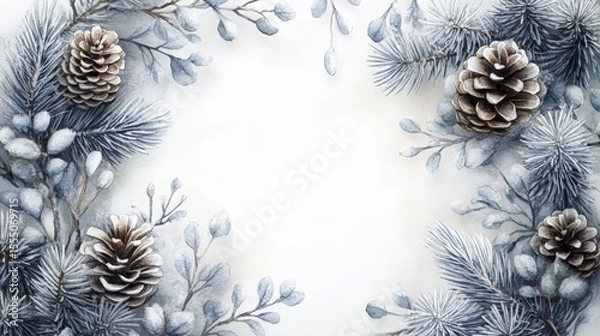 Obraz Winter Watercolor Floral Frame with Pine Cones and Spruce Branches