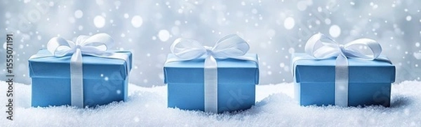 Obraz Three blue gift boxes with white ribbon, on snow against a plain white background.