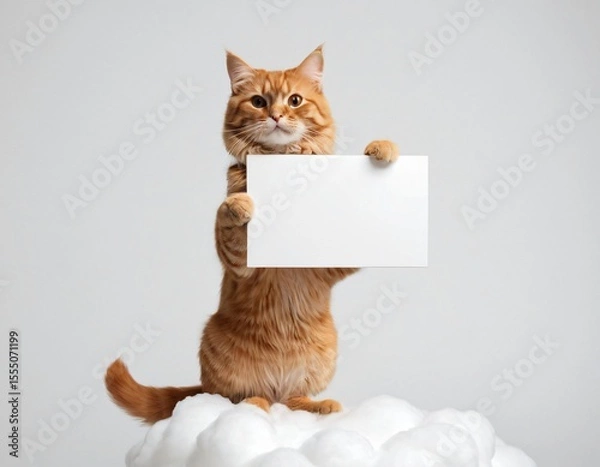 Fototapeta Ginger Cat Holding Blank Sign: An adorable ginger cat, sitting on a fluffy cloud-like surface, holds up a blank white sign, offering a playful. Ai generated image