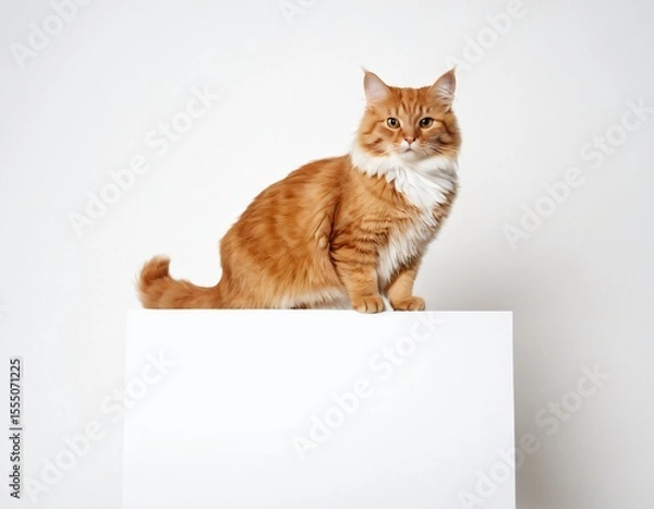 Fototapeta Golden Cat Perched: A majestic ginger cat sits regally upon a simple white platform, its warm eyes gazing out with a captivating presence. The image conveys a sense of elegance. Ai generated image