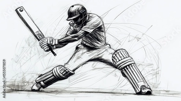 Fototapeta Dynamic sketch of cricket batsman in action, ready to hit.
