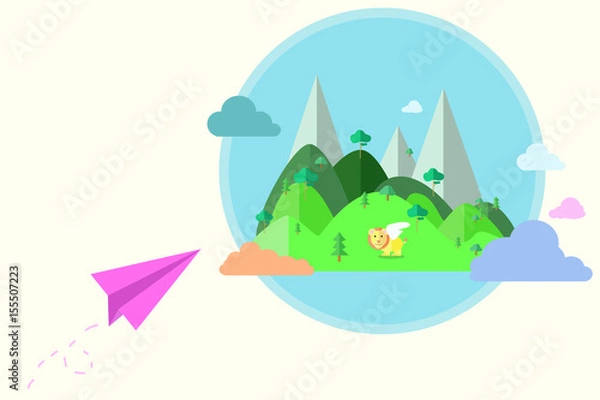 Fototapeta Imagination concept dreaming abstract in flat cartoon style with heaven, paper plane , tree , stars, plane, clouds , lion , mountains, vector illustration EPS10.