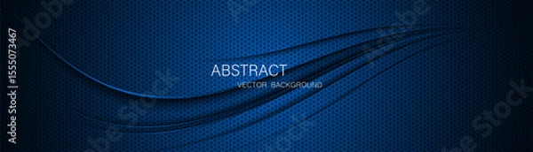 Fototapeta Abstract blue steel mesh background with blue glowing lines with free space for design. Modern technology innovation concept background. Perforated dark blue metal sheet for background image.	
