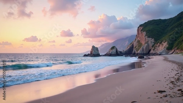 Obraz Coastal Beach Sunset with Dramatic Sea Stacks