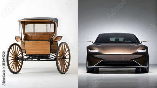 Fototapeta Evolution of transportation with an antique carriage juxtaposed against a modern electric car, showing progress