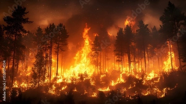 Obraz Raging wildfire engulfs a nighttime forest