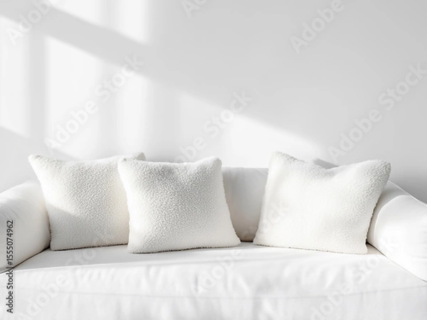 Fototapeta A cozy and minimalist white sofa with plush pillows in a bright living room setting