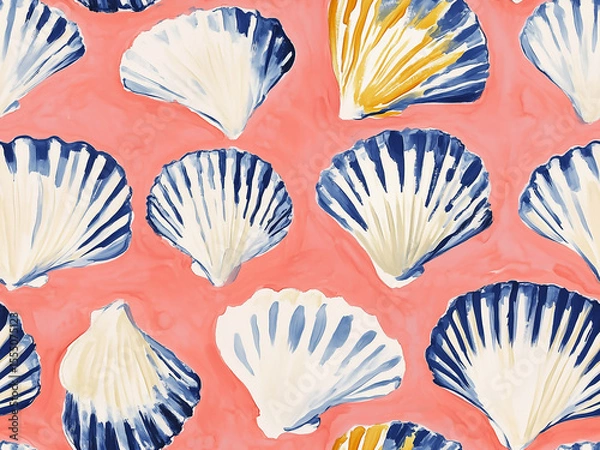 Fototapeta Watercolor Seashells on Coral Background Seamless Repeating Pattern