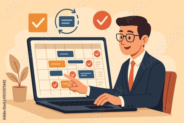 Fototapeta Businessman Managing Project Schedule on Laptop Calendar, Task Planning, Time Management, Productivity Workflow, Office Organization, Deadline Tracking, Vector Illustration