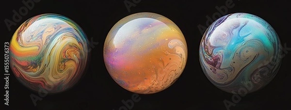 Obraz Three soap bubbles, front view, against a black background, displaying iridescent colors