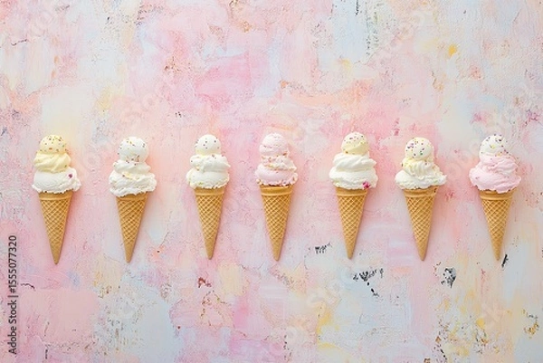 Obraz Top view of ice cream cones on a pastel background, in a flat lay composition. Minimalist concept,