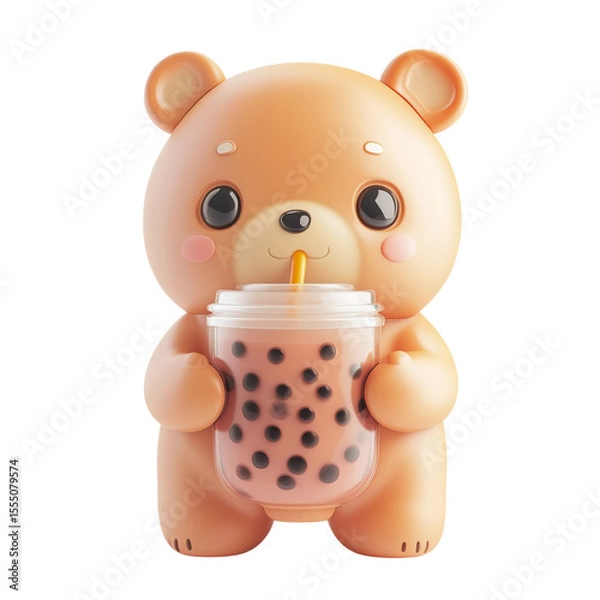 Obraz Cute bear holding bubble tea with straw, adorable 3D render of smiling bear mascot enjoying boba drink with tapioca pearls, playful and charming design