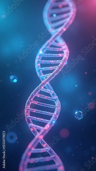 Obraz Hyper-detailed digital illustration showing a DNA double helix unraveling, glowing vibrantly with neon cyan and pink, against a soft, dark, abstract gradient background, evoking scientific wonder.