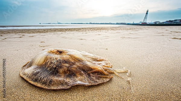 Fototapeta Sky and water. Jellyfish on the beach in the morning. Rhopilema nomadica jellyfish at the Mediterranean sea on the shore. Jellyfish washed up on a beach. Large jellyfish lies on the shore of a beach