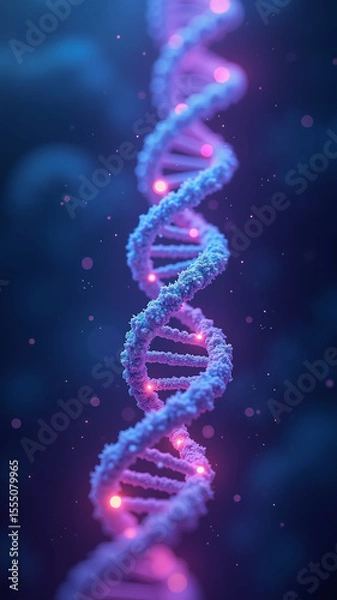 Obraz Hyper-detailed digital illustration showing a DNA double helix unraveling, glowing vibrantly with neon cyan and pink, against a soft, dark, abstract gradient background, evoking scientific wonder.