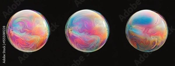 Obraz Three soap bubbles, front view, against a black background, displaying iridescent colors
