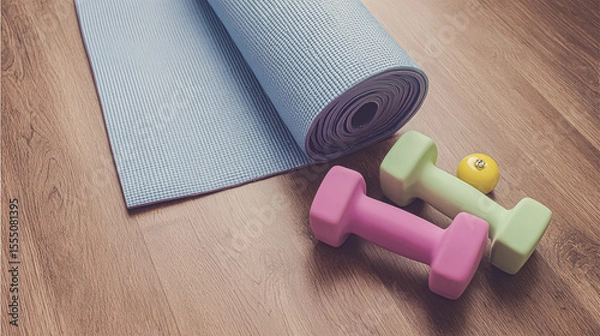 Fototapeta Dumbbells, thermo bottle, fitness elastic band, yoga block and mat on coral background, flat lay. Space for text