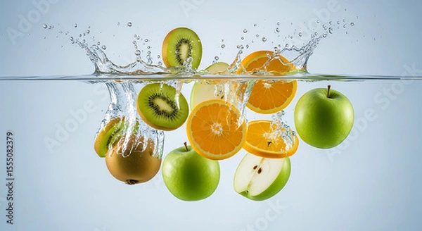 Obraz Fresh Fruits Splashing into Water: Healthy Refreshment, 
Dynamic Fruit Splash: Kiwi, Apple, and Orange in Water, 
Vibrant Healthy Eating: Assorted Fruits Submerging in Water.