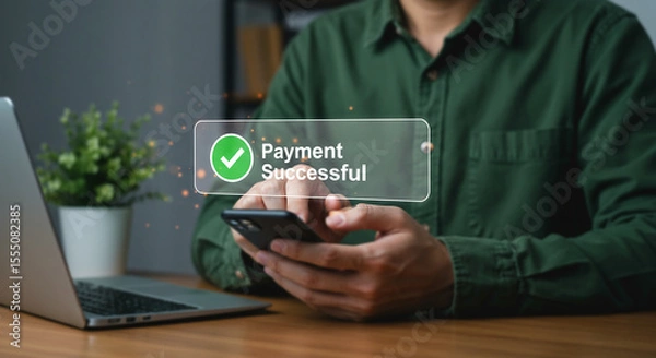 Obraz Seamless Transactions: Modern professional engages in secure payment via smartphone, illustrating digital financial interaction and instant confirmation of a successful transaction.
