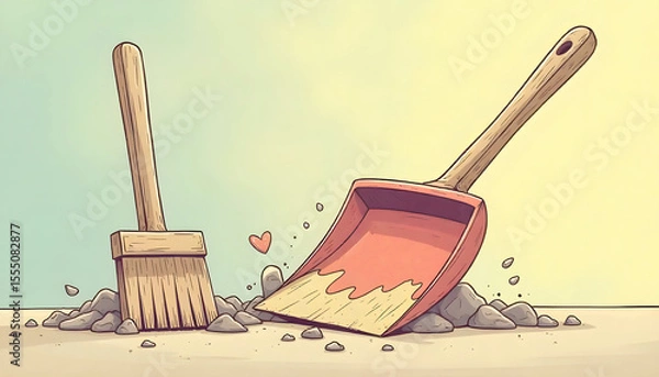 Obraz A charming cartoon illustration depicts a broom and a dustpan positioned with small piles of dirt, with a red heart floating between them, symbolizing a clean home or teamwork