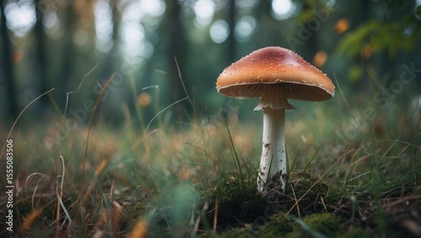 Fototapeta Mushroom in the forest with grass and trees, nature, and fungi.