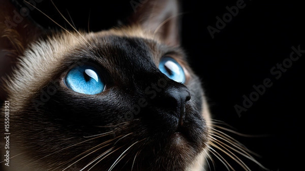 Fototapeta Close up portrait of a Siamese cat with bright blue eyes gazing curiously into the camera under studio lighting