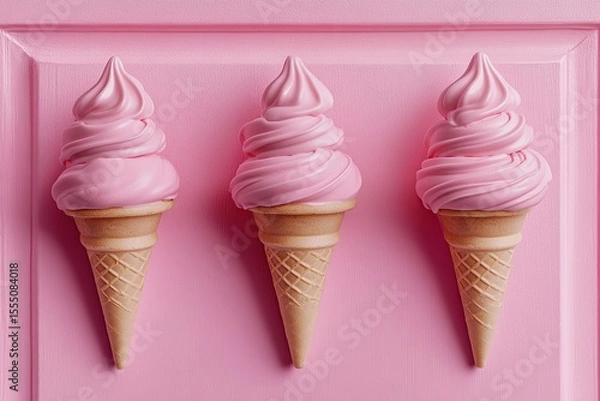 Obraz Top view of ice cream cones on a pastel background, in a flat lay composition. Minimalist concept,