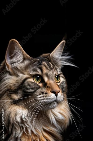 Fototapeta Close-up portrait of a Maine Coon cat with long fur and green eyes. Studio lighting highlights feline elegance. Ideal for pet lovers and luxury animal content.