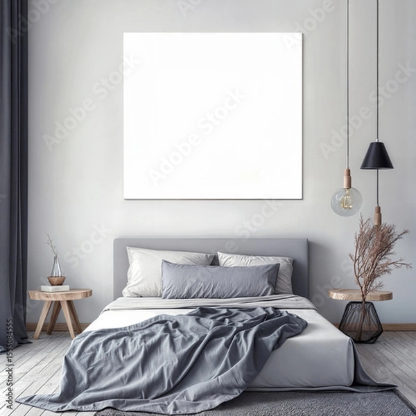 Fototapeta Modern minimalist bedroom with blank square canvas mockup. Gray and white bedding with wooden side tables and pendant lights in Scandinavian interior decor.