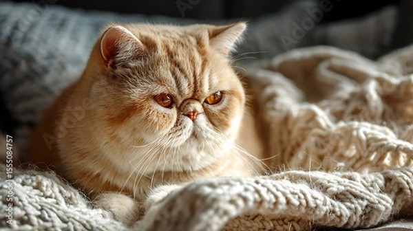 Fototapeta Exotic Shorthair cat resting calmly on a knitted blanket with soft afternoon light highlighting its round face cozy atmosphere real photo stock photography
