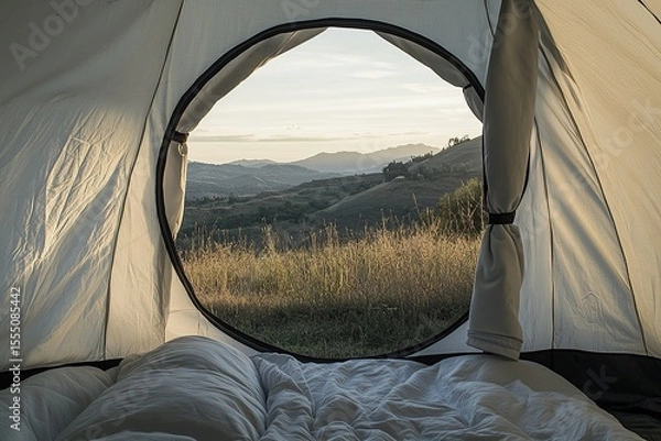 Obraz The view from inside the tent, through its circular window, of rolling hills and distant mountains in twilight