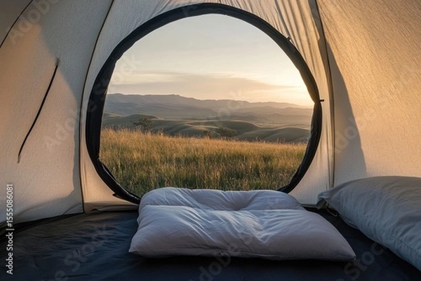 Obraz The view from inside the tent, through its circular window, of rolling hills and distant mountains in twilight.