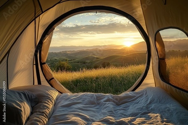 Obraz The view from inside the tent, through its circular window, of rolling hills and distant mountains in twilight