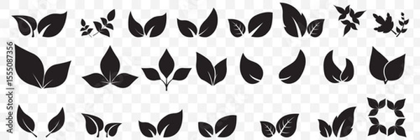 Fototapeta Set of Black leaf icons. Green color. Leaf green color icon logo. Leaves on white background. Ecology. Vector illustration on Transparent Background. EPS 10.