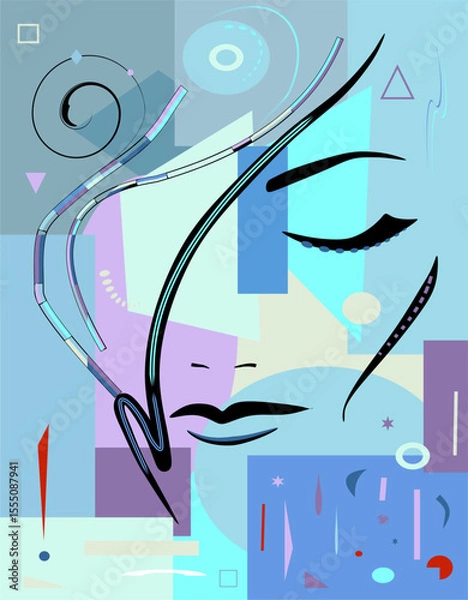 Fototapeta stylized face, surrounded by a playful mix of symbols and colors. The composition features crescents, triangles, and circles on a warm background, creating a sense of dynamic movement.