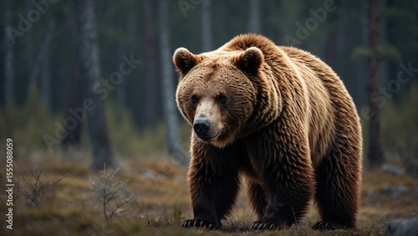 Fototapeta A large bear in a forested area with trees and undergrowth.