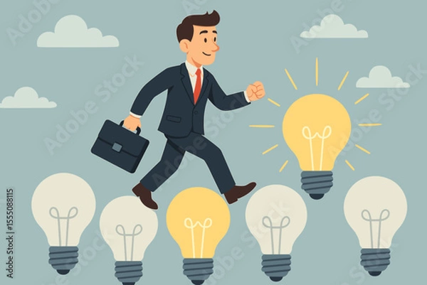 Fototapeta Businessman walking on light bulbs concept, searching for creative ideas, innovation, leadership, success, opportunity, business growth, vision, creativity, career progress, vector illustration