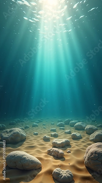 Obraz A high-resolution underwater view showcasing sunlight forming vibrant caustic patterns over a textured sandy seabed, scattered with natural stones, pebbles, and gently floating particles.