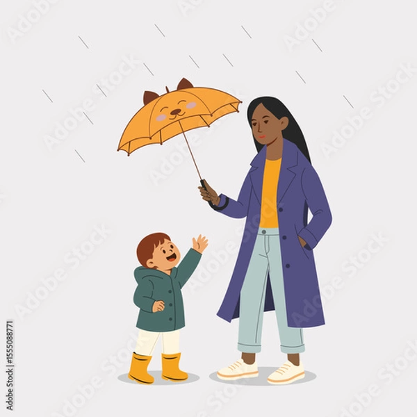 Fototapeta Rainy weather, scene in flat style. Mother and child on a walk. Child protection. Vector illustration