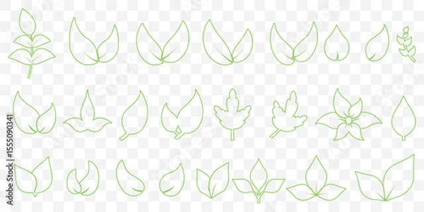 Fototapeta Flat Green Leaf Icon Set – Eco, Bio, Vegan Symbols for Nature and Organic Design in Editable Stroke on Transparent Background. EPS 10.