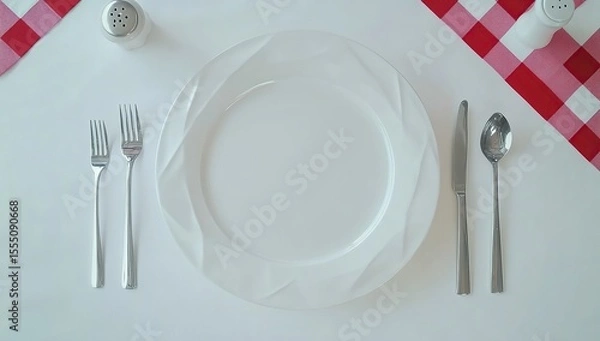 Obraz Top view of a white plate, with a fork and knife on the side, a red checkered napkin,