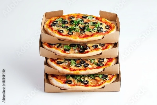 Obraz Three brown cardboard pizza boxes stacked on top of each other, on a white background