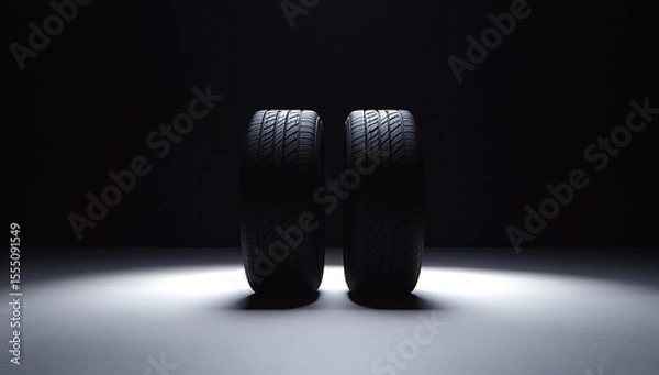 Obraz Three tires arranged in the center of the frame, illuminated by light from behind,
