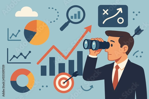 Fototapeta Businessman with binoculars, a business vision concept for strategic planning and future forecasting. Market research and data analysis with graphs. Company growth, success, and goals.