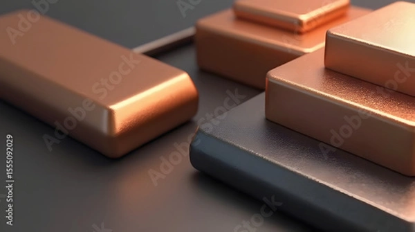Obraz This captivating 3D composition showcases stacked geometric shapes in luxurious copper and deep graphite tones, elegantly lit to highlight their metallic textures