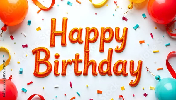 Obraz "Happy Birthday" in bold orange text on a white background, festive and simple.