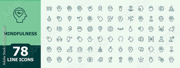 Fototapeta Set of Mindfulness line icon. Contain linear sign emotion, mental, health, psychology, spirit, mind. Minimal linear icons. Mind icon set. Pictogram and infographic.